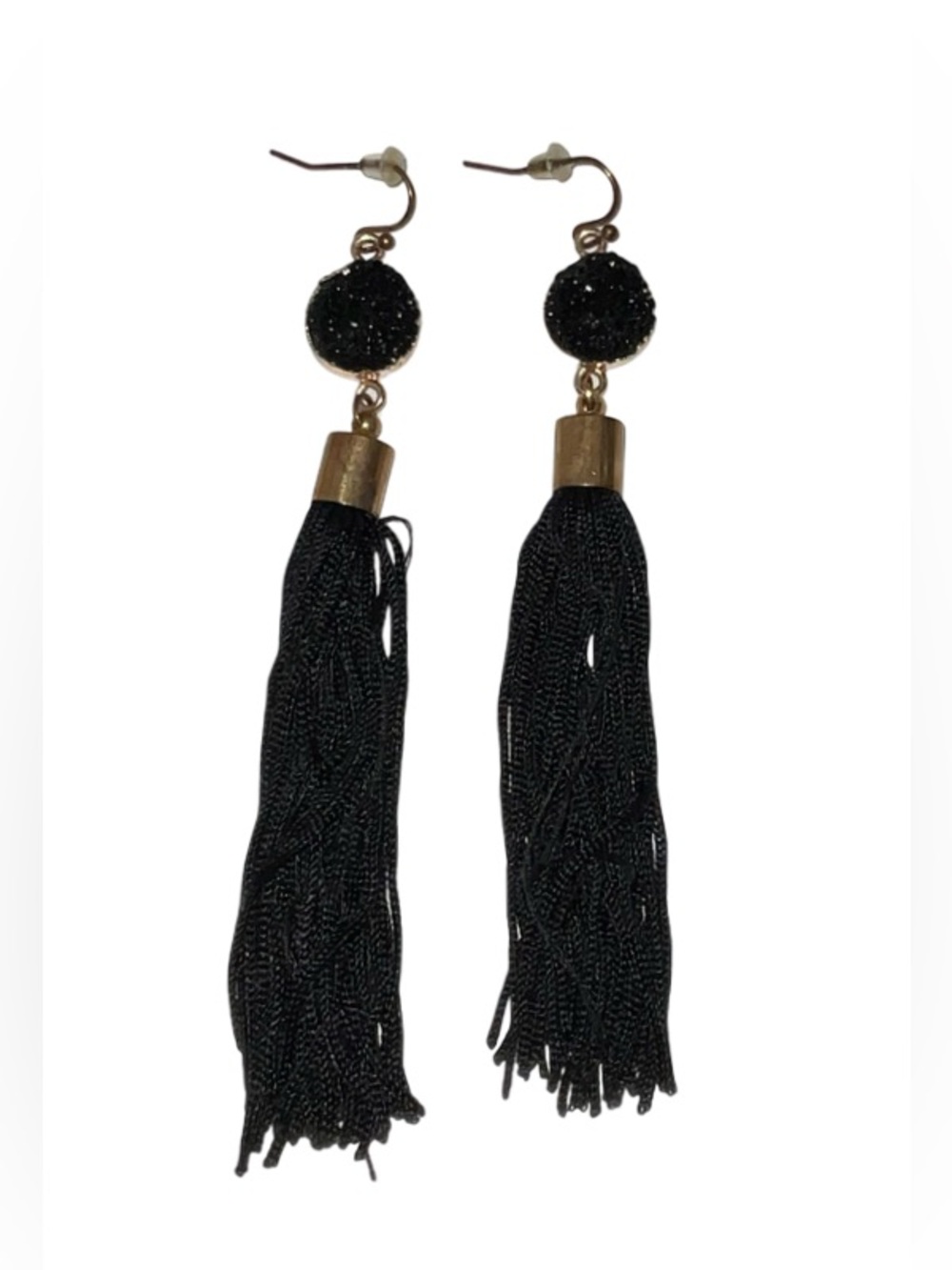 Black Tassel Dangle Earrings Gold Tone Long Statement Drop Earrings
